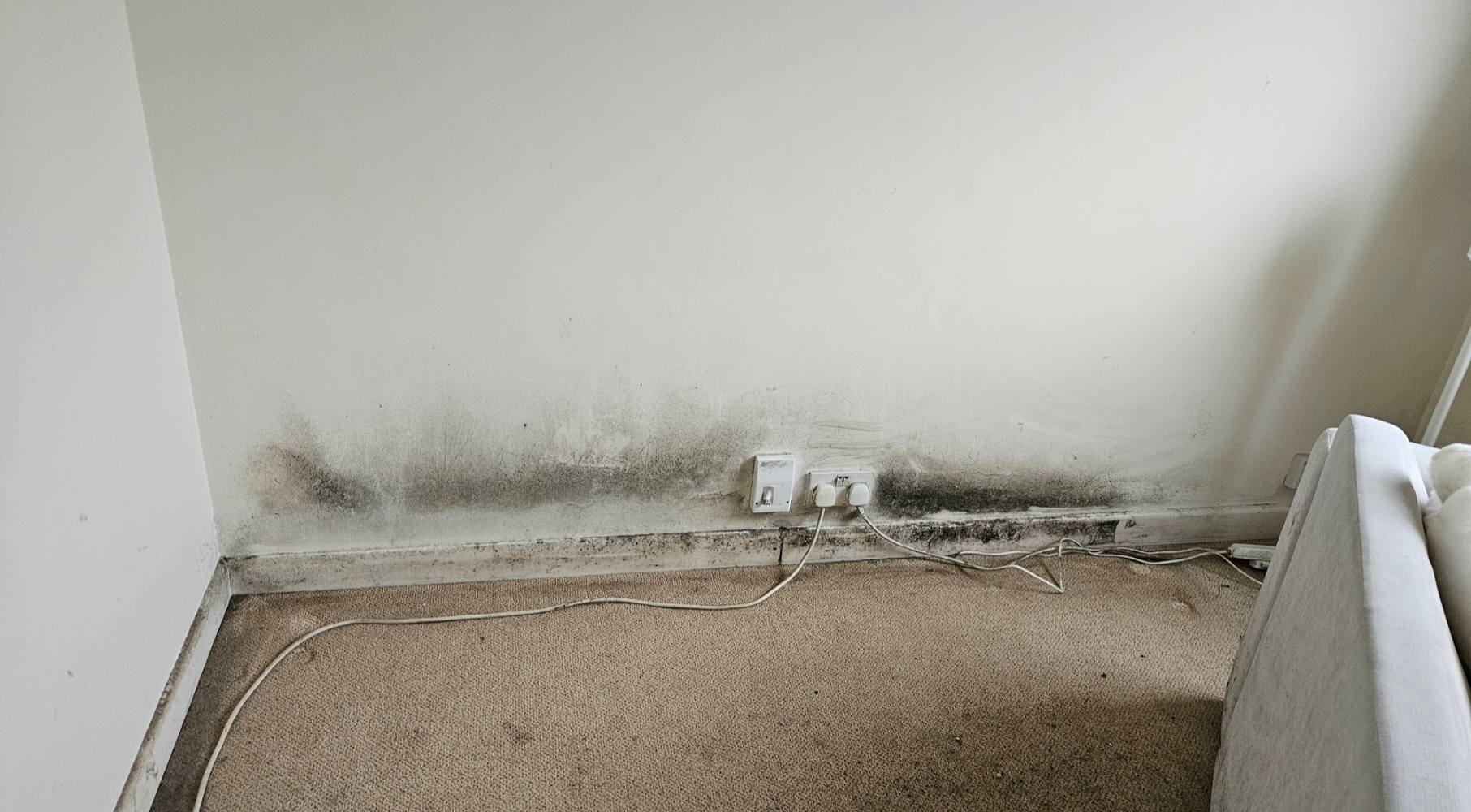 Damp and mould stained wall before cleaning